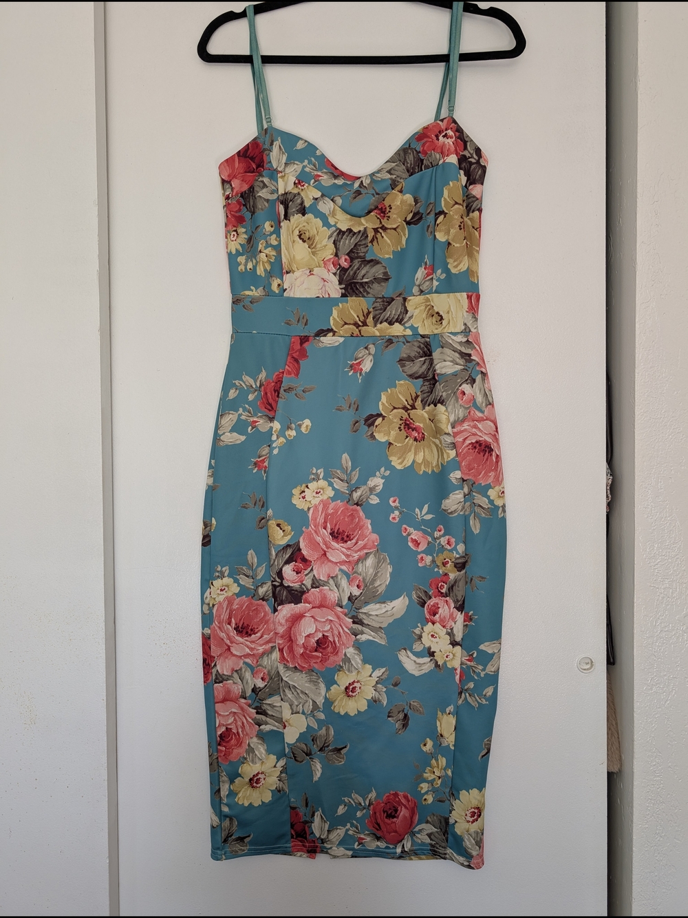 Floral Sweetheart Midi Dress in Teal and Pink